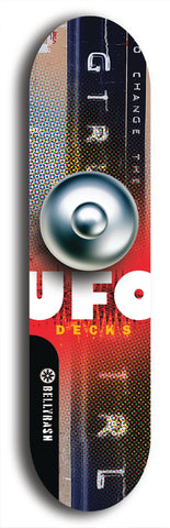 North American maple skateboard deck designed by underground artist BellyRash -- available in widths between 7.5 to 8.5 inches in both mellow concave and steep concave shapes. Artwork: UFO logo.