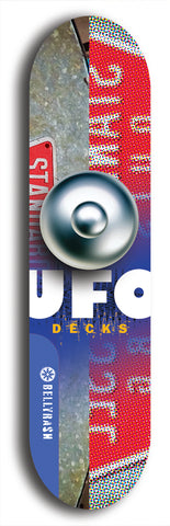 North American maple skateboard deck designed by underground artist BellyRash -- available in widths between 7.5 to 8.5 inches in both mellow concave and steep concave shapes. Artwork: UFO logo.