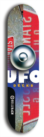 North American maple skateboard deck designed by underground artist BellyRash -- available in widths between 7.5 to 8.5 inches in both mellow concave and steep concave shapes. Artwork: UFO logo.