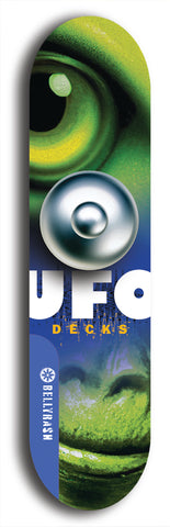 North American maple skateboard deck designed by underground artist BellyRash -- available in widths between 7.5 to 8.5 inches in both mellow concave and steep concave shapes. Artwork: UFO logo.