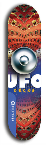 North American maple skateboard deck designed by underground artist BellyRash -- available in widths between 7.5 to 8.5 inches in both mellow concave and steep concave shapes. Artwork: UFO logo.