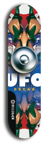 North American maple skateboard deck designed by underground artist BellyRash -- available in widths between 7.5 to 8.5 inches in both mellow concave and steep concave shapes. Artwork: UFO logo.