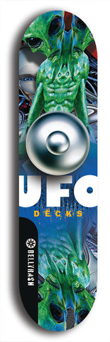 North American maple skateboard deck designed by underground artist BellyRash -- available in widths between 7.5 to 8.5 inches in both mellow concave and steep concave shapes. Artwork: UFO logo.