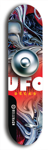 North American maple skateboard deck designed by underground artist BellyRash -- available in widths between 7.5 to 8.5 inches in both mellow concave and steep concave shapes. Artwork: UFO logo.