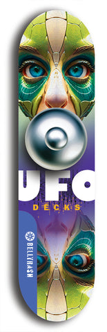 North American maple skateboard deck designed by underground artist BellyRash -- available in widths between 7.5 to 8.5 inches in both mellow concave and steep concave shapes. Artwork: UFO logo.