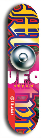 North American maple skateboard deck designed by underground artist BellyRash -- available in widths between 7.5 to 8.5 inches in both mellow concave and steep concave shapes. Artwork: UFO logo.