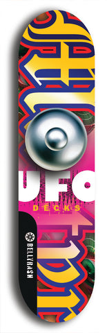 North American maple skateboard deck designed by underground artist BellyRash -- available in widths between 7.5 to 8.5 inches in both mellow concave and steep concave shapes. Artwork: UFO logo.