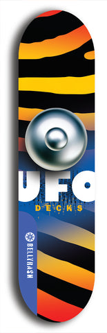 North American maple skateboard deck designed by underground artist BellyRash -- available in widths between 7.5 to 8.5 inches in both mellow concave and steep concave shapes. Artwork: UFO logo.