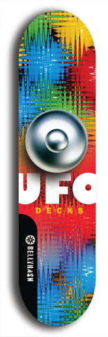 North American maple skateboard deck designed by underground artist BellyRash -- available in widths between 7.5 to 8.5 inches in both mellow concave and steep concave shapes. Artwork: UFO logo.