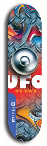 North American maple skateboard deck designed by underground artist BellyRash -- available in widths between 7.5 to 8.5 inches in both mellow concave and steep concave shapes. Artwork: UFO logo.