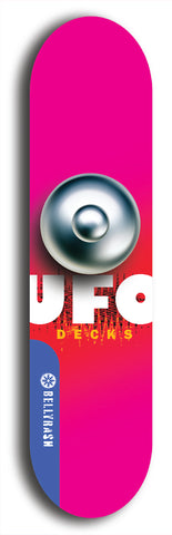 North American maple skateboard deck designed by underground artist BellyRash -- available in widths between 7.5 to 8.5 inches in both mellow concave and steep concave shapes. Artwork: UFO logo.