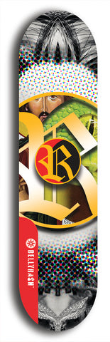 North American maple skateboard deck designed by underground artist BellyRash -- available in widths between 7.5 to 8.5 inches in both mellow concave and steep concave shapes. Artwork: street art and street artist and R skateboard logo