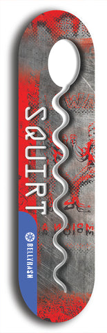 North American maple skateboard deck designed by underground artist BellyRash -- available in widths between 7.5 to 8.5 inches in both mellow concave and steep concave shapes. Artwork: street art and street artist and Squirt skateboard brand logo