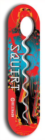 North American maple skateboard deck designed by underground artist BellyRash -- available in widths between 7.5 to 8.5 inches in both mellow concave and steep concave shapes. Artwork: street art and street artist and Squirt skateboard brand logo