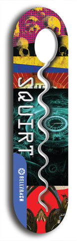 North American maple skateboard deck designed by underground artist BellyRash -- available in widths between 7.5 to 8.5 inches in both mellow concave and steep concave shapes. Artwork: street art and street artist and Squirt skateboard brand logo