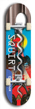 North American maple skateboard deck designed by underground artist BellyRash -- available in widths between 7.5 to 8.5 inches in both mellow concave and steep concave shapes. Artwork: street art and street artist and Squirt skateboard brand logo