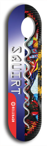 North American maple skateboard deck designed by underground artist BellyRash -- available in widths between 7.5 to 8.5 inches in both mellow concave and steep concave shapes. Artwork: street art and street artist and Squirt skateboard brand logo