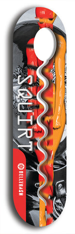 North American maple skateboard deck designed by underground artist BellyRash -- available in widths between 7.5 to 8.5 inches in both mellow concave and steep concave shapes. Artwork: street art and street artist and Squirt skateboard brand logo