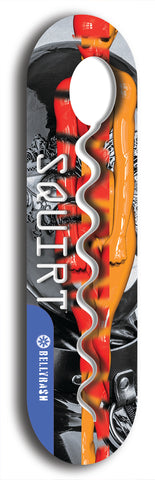 North American maple skateboard deck designed by underground artist BellyRash -- available in widths between 7.5 to 8.5 inches in both mellow concave and steep concave shapes. Artwork: street art and street artist and Squirt skateboard brand logo