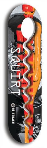 North American maple skateboard deck designed by underground artist BellyRash -- available in widths between 7.5 to 8.5 inches in both mellow concave and steep concave shapes. Artwork: street art and street artist and Squirt skateboard brand logo