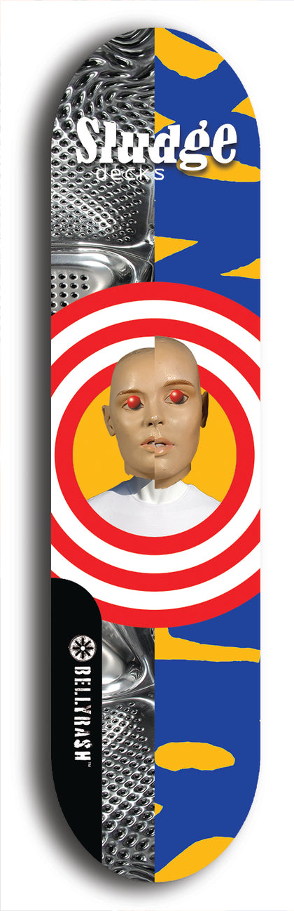 North American maple skateboard deck designed by underground artist BellyRash -- available in widths between 7.5 to 8.5 inches in both mellow concave and steep concave shapes. Artwork: street art and street artist and Sludge skateboard brand logo