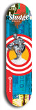 North American maple skateboard deck designed by underground artist BellyRash -- available in widths between 7.5 to 8.5 inches in both mellow concave and steep concave shapes. Artwork: street art and street artist and Sludge skateboard brand logo