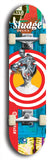 North American maple skateboard deck designed by underground artist BellyRash -- available in widths between 7.5 to 8.5 inches in both mellow concave and steep concave shapes. Artwork: street art and street artist and Sludge skateboard brand logo