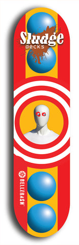 North American maple skateboard deck designed by underground artist BellyRash -- available in widths between 7.5 to 8.5 inches in both mellow concave and steep concave shapes. Artwork: street art and street artist and Sludge skateboard brand logo