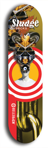 North American maple skateboard deck designed by underground artist BellyRash -- available in widths between 7.5 to 8.5 inches in both mellow concave and steep concave shapes. Artwork: street art and street artist and Sludge skateboard brand logo