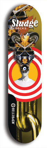 North American maple skateboard deck designed by underground artist BellyRash -- available in widths between 7.5 to 8.5 inches in both mellow concave and steep concave shapes. Artwork: street art and street artist and Sludge skateboard brand logo