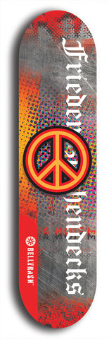 North American maple skateboard deck designed by underground artist BellyRash -- available in widths between 7.5 to 8.5 inches in both mellow concave and steep concave shapes. Artwork: street art and street artist and peace sign