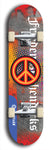North American maple skateboard deck designed by underground artist BellyRash -- available in widths between 7.5 to 8.5 inches in both mellow concave and steep concave shapes. Artwork: street art and street artist and peace sign