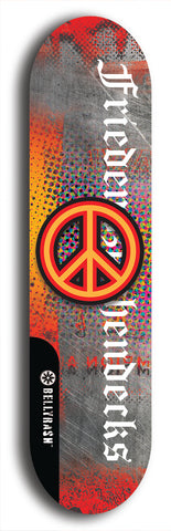 North American maple skateboard deck designed by underground artist BellyRash -- available in widths between 7.5 to 8.5 inches in both mellow concave and steep concave shapes. Artwork: street art and street artist and peace sign