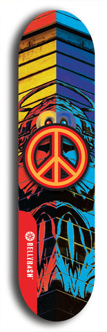 North American maple skateboard deck designed by underground artist BellyRash -- available in widths between 7.5 to 8.5 inches in both mellow concave and steep concave shapes. Artwork: street art and street artist and peace sign