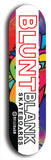 North American maple skateboard deck designed by underground artist BellyRash -- available in widths between 7.5 to 8.5 inches in both mellow concave and steep concave shapes. Artwork: street art and street artist and the BellyRash Blunt Blank skateboard deck logo