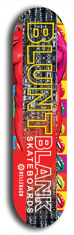 North American maple skateboard deck designed by underground artist BellyRash -- available in widths between 7.5 to 8.5 inches in both mellow concave and steep concave shapes. Artwork: street art and street artist and the BellyRash Blunt Blank skateboard deck logo
