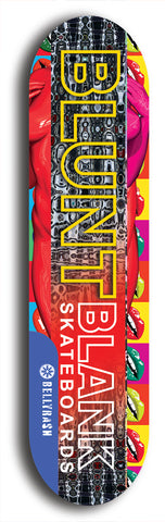 North American maple skateboard deck designed by underground artist BellyRash -- available in widths between 7.5 to 8.5 inches in both mellow concave and steep concave shapes. Artwork: street art and street artist and the BellyRash Blunt Blank skateboard deck logo