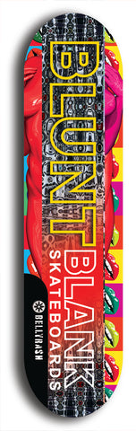 North American maple skateboard deck designed by underground artist BellyRash -- available in widths between 7.5 to 8.5 inches in both mellow concave and steep concave shapes. Artwork: street art and street artist and the BellyRash Blunt Blank skateboard deck logo
