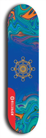 Skateboard deck: Limited edition, North American maple skateboard deck designed by underground artist BellyRash - available widths 7.5 to 8.5 inches in both mellow concave and steep concave shapes. Artwork: DHARMAMECHANIC logo brand popsicle-shaped deck 