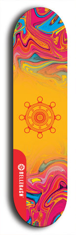 Skateboard deck: Limited edition, North American maple skateboard deck designed by underground artist BellyRash - available widths 7.5 to 8.5 inches in both mellow concave and steep concave shapes. Artwork: DHARMAMECHANIC logo brand popsicle-shaped deck 