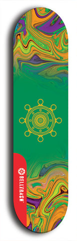 Skateboard deck: Limited edition, North American maple skateboard deck designed by underground artist BellyRash - available widths 7.5 to 8.5 inches in both mellow concave and steep concave shapes. Artwork: DHARMAMECHANIC logo brand popsicle-shaped deck 