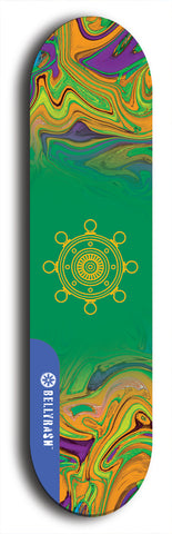 Skateboard deck: Limited edition, North American maple skateboard deck designed by underground artist BellyRash - available widths 7.5 to 8.5 inches in both mellow concave and steep concave shapes. Artwork: DHARMAMECHANIC logo brand popsicle-shaped deck 