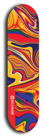 Limited edition, North American maple skateboard deck designed by underground artist BellyRash - available widths 7.5 to 8.5 inches in both mellow concave and steep concave shapes. Artwork: ABEX LIQUID brand popsicle-shaped with a multi-colored swirling patterned background