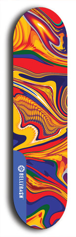 Limited edition, North American maple skateboard deck designed by underground artist BellyRash - available widths 7.5 to 8.5 inches in both mellow concave and steep concave shapes. Artwork: ABEX LIQUID brand popsicle-shaped with a multi-colored swirling patterned background