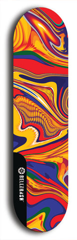 Limited edition, North American maple skateboard deck designed by underground artist BellyRash - available widths 7.5 to 8.5 inches in both mellow concave and steep concave shapes. Artwork: ABEX LIQUID brand popsicle-shaped with a multi-colored swirling patterned background