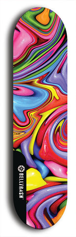 Skateboard deck: Limited edition, North American maple skateboard deck designed by underground artist BellyRash - available widths 7.5 to 8.5 inches in both mellow concave and steep concave shapes. Artwork: ABEX LIQUID brand popsicle-shaped with a multi-colored swirling patterned background