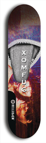 Skateboard deck: Limited edition, North American maple skateboard deck designed by underground artist BellyRash - available widths 7.5 to 8.5 inches in both mellow concave and steep concave shapes. Artwork: XOMFUG logo brand popsicle-shaped deck