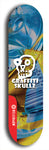 Skateboard deck: Limited edition, North American maple skateboard deck designed by underground artist BellyRash - available widths 7.5 to 8.5 inches in both mellow concave and steep concave shapes. Artwork: GRAFFITI SKULLZ logo brand popsicle-shaped deck with graffiti or street art background