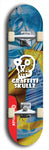 Skateboard deck: Limited edition, North American maple skateboard deck designed by underground artist BellyRash - available widths 7.5 to 8.5 inches in both mellow concave and steep concave shapes. Artwork: GRAFFITI SKULLZ logo brand popsicle-shaped deck with graffiti or street art background