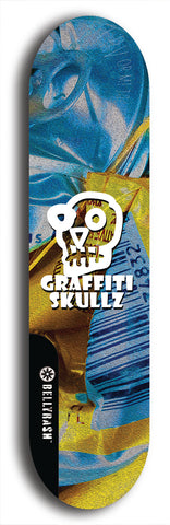 Skateboard deck: Limited edition, North American maple skateboard deck designed by underground artist BellyRash - available widths 7.5 to 8.5 inches in both mellow concave and steep concave shapes. Artwork: GRAFFITI SKULLZ logo brand popsicle-shaped deck with graffiti or street art background